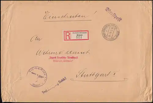 Durch Deutsche Dienstpost Böhmen/Mähren R-Brief BRÜNN 11.7.40 nach STUTTGART