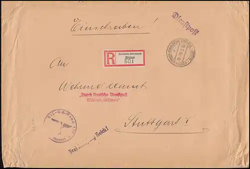 Par l'Office fédéral allemand de la fonction publique de Bohême/Mähren R-Lettre BRÜNN 11.7.40 vers STUTTGART