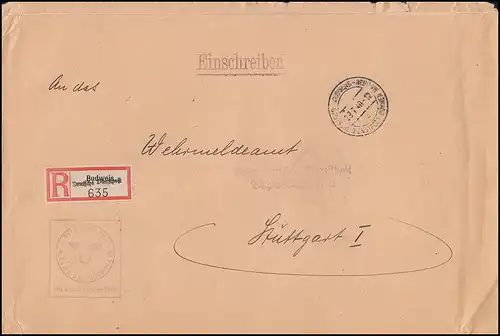 Durch deutsche Dienstpost BÖHMEN=MÄHREN R-Brief BUDWEIS 29.7.40 nach STUTGART