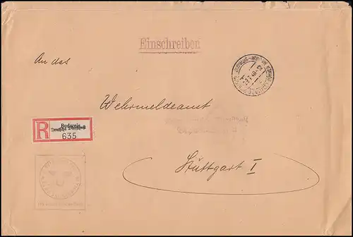 Par l'Office fédéral allemand BÖHMEN=MÄHREN R-Lettre BUDWEIS 29.7.40 à STUTGART