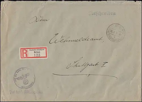 Frei durch Ablösung Reich Deutsche Dienstpost R-Brief BRÜNN 6.3.40 n. STUTTGART
