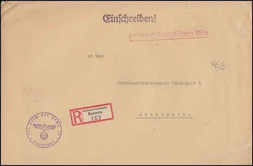Par l'Office fédéral allemand de la poste Bohême et Moravie R-Bf. Budweis selon STUTTGART 22.3.40