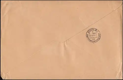 Feldpost Deutsche Dienstpost Böhmen und Mähren R-Bf. Budweis 24.4.40 n.STUTTGART