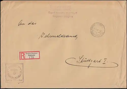 Durch Deutsche Dienstpost Böhmen=Mähren R-Bf. Budweis 19.4.40 nach STUTTGART