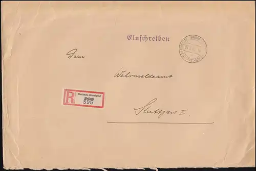 Deutsche Dienstpost Böhmen und Mähren R-Bf. BRÜNN 3.7.40 nach STUTTGART