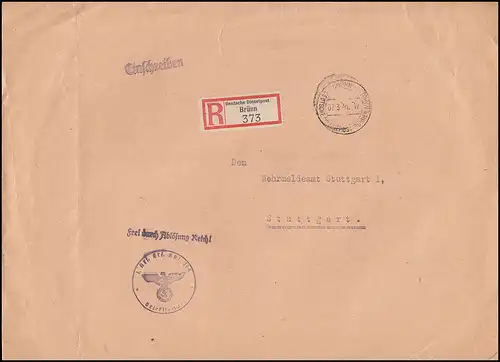 Poste de service allemand Böhmen-Mähren R-Bf. BRÜNN 7.3.40 selon STUTTGART 8.3. 40