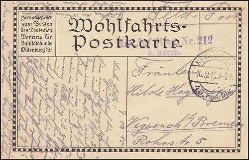 Wofa-PK Hindenburg als Feldpostkarte Reserve-Infanterie-Regiment 212 - 10.12.15