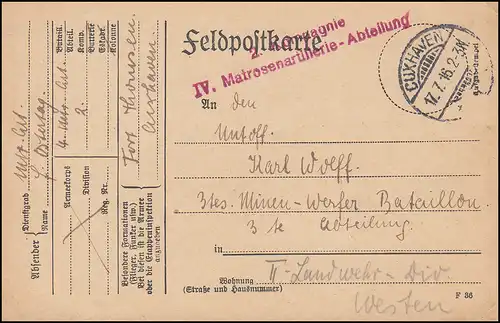 Feldpostkarte roter S.B. IV. Matrosenartillerie-Abteilung, CUXHAVEN 17.7.1916 