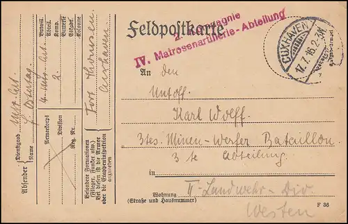 Feldpostkarte roter S.B. IV. Matrosenartillerie-Abteilung, CUXHAVEN 17.7.1916