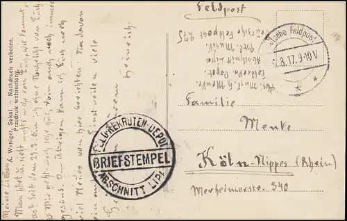 Feldpost Briefstempel Feld-Rekruten-Depot Abschnitt Lipi 6.8.17 auf AK Sokal