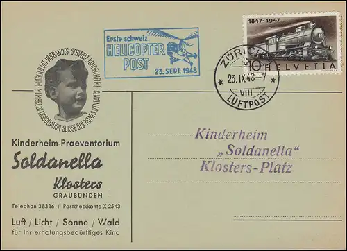 1. Poste suisse d'hélicoptère ZÜRICH 23.9.48 Carte postale de bijoux Soldanella