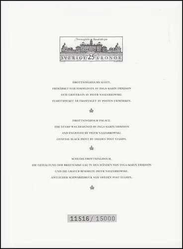 Schweden 1684 Schloss Strömshom - als Schwarzdruck 1991, nicht frankaturgültig