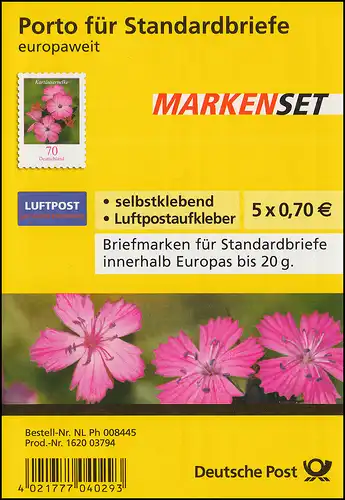 FB 3 Kartäusernelke Folienblatt mit Luftpost-Aufkleber ET-O ORANIENBURG 2.1.2009
