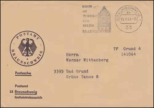 Affaire postale Postamt Braunschweig Radiocomptable 15.10.64 vers Bad Grund
