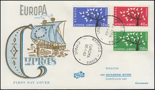 Zypern 215-217 CEPT Europa - Satz auf FIDACOS-Schmuck-FDC 28.1.1963