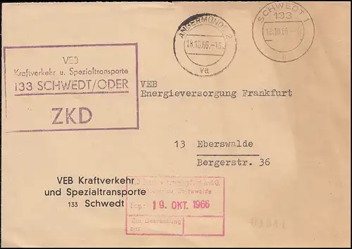 ZKD-Brief VEB Kraftverkehr und Spezialtransporte SCHWEDT 18.10.66 n. EBERSWALDE