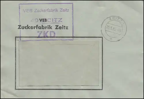 ZKD-Fensterbrief VEB Zuckerfabrik ZEITZ 25.5.65, schwacher Ankunftsstempel 26.5.