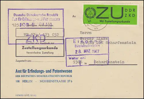 Dienst E 2 Zustellungsurkunde ZKD-Brief BERLIN 23.3.67 nach SCHARFENSTEIN 28.03.
