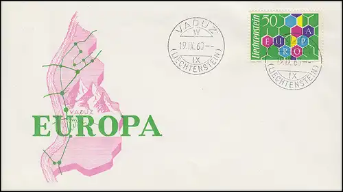 Liechtenstein 398 EUROPA / CEPT 1960 auf Blanko-Schmuck-FDC ET-O VADUZ 19.9.60