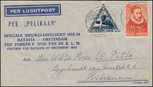KLM-Neujahrsflug Pelikaan-Schmuck-Brief 27.12.33, PELIKAAN-PALEMBANG 25.12.33