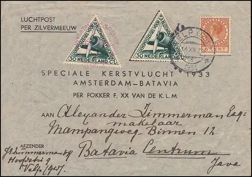 Vol de Noël KLM Silvermeeuw AMSTERDAM-BATAVIA 18.12.33 à partir de VELP 14.12.