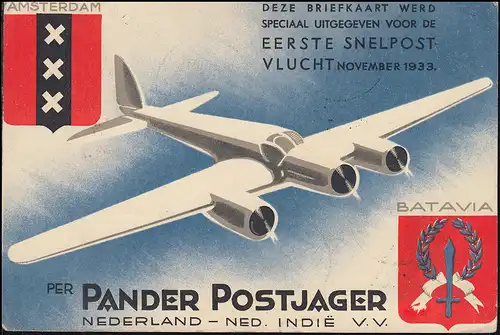 KLM-Flugpost Postjager/Pelikaan Amsterdam-Bandoeng-Amsterdam ab DEN HAAG 4.12.33
