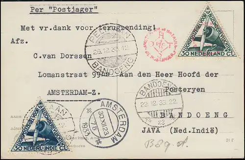 KLM-Flugpost Postjager/Pelikaan Amsterdam-Bandoeng-Amsterdam PH-OST 9.12.1933