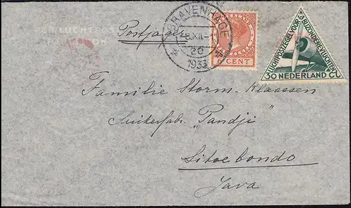 Poste de KLM Postjager/Pélikaan Amsterdam-Sitoebondo à partir de S'GRAVENHAGE 8.12.33