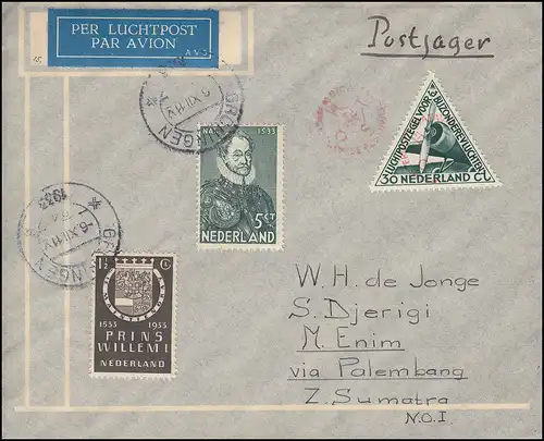 KLM-Flugpost Postjager/Pelikaan Amsterdam-Palembang 9.12.33, ab GRONINGEN 6.12.