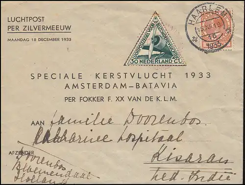 KLM-Flugpost Zilvermeeuw/Pelikaan Amsterdam-Medan 18.12.33, ab HAARLEM 15.12.