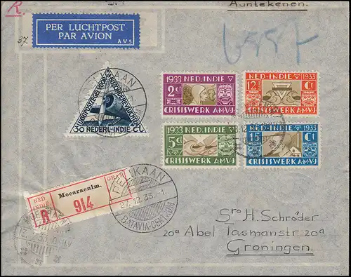 KLM-Flugpost Pelikaan Batavia-Amsterdam 27.12.1933, R-Brief MOEARAENIM 13.12.33