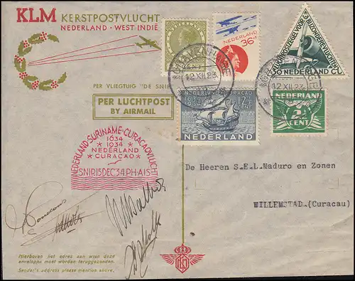 KLM-SNIP-Flug 15.12.34 Amsterdam-Willemstad, Brief mit Autogrammen der Besatzung