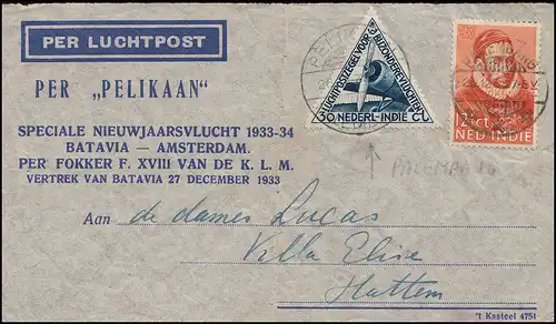 KLM-Flugpost Pelikaan Neujahrsflug 1933-34 Batavia-Amsterdam FOKKER 27.12.33