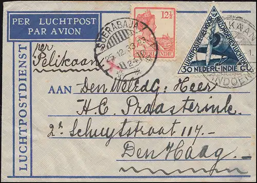 KLM-Flugpost PELIKAAN-BANDOENG 27.12.33 Brief ab SOERABAJA 25.12. nach Den Haag