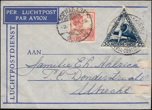 KLM-Flugpost POSTJAGER-BATAVIA 4.1.34 Brief ab SOERABAJA 3.1.34 nach Utrecht