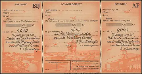 KLM-Flugpost: Postgiro-Zahlkarte NATIONAAL-LUCHTVAART-FONDS 1933, ungebraucht
