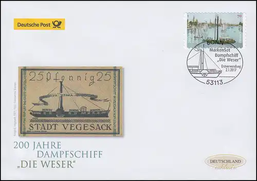 3279 Bateau à vapeur Le Weser, autocollant, Bijoux FDC Allemagne exclusif