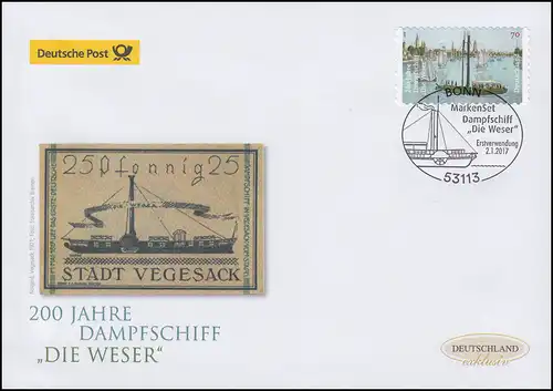3279 Dampfschiff Die Weser, selbstklebend, Schmuck-FDC Deutschland exklusiv