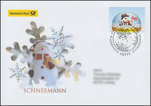 3111 Schneemann in Schneekugel, nassklebend, Schmuck-FDC Deutschland exklusiv