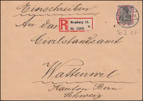 Trou de l'entreprise K&B NfJ. Germania 40 Pf EF sur lettre R HAMBURG 1916 en Suisse