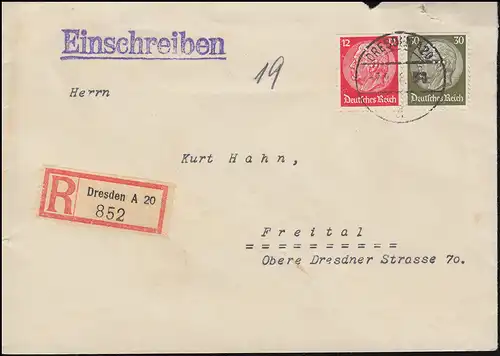 Firmenlochung L Hindenburg 12+30 Pf MiF auf R-Brief DRESDEN 2.9.36 nach Freital