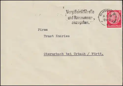 Firmenlochung CS auf Hindenburg 12 Pf als EF auf Brief REMSCHEID 14.10.37