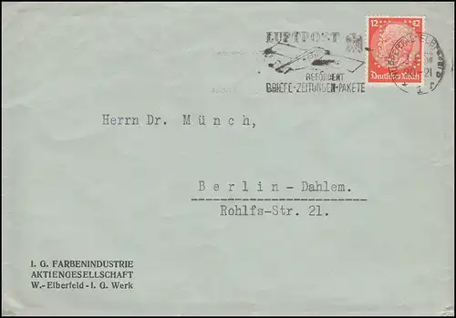 Firmenlochung FB & Co Hindenburg 12 Pf als EF Brief WUPPERTAL-ELBERFLD 2.5.33