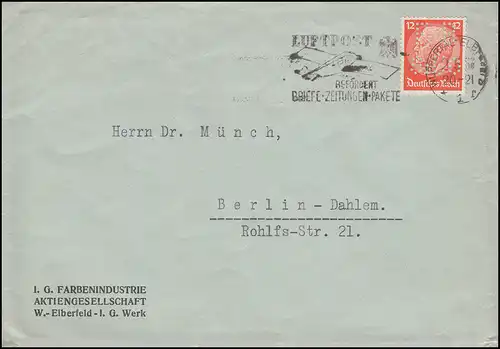 Trousse de l'entreprise FB & Co Hindenburg 12 Pf comme lettre EF WUPPERTAL-ELBERFLD 2.5.33