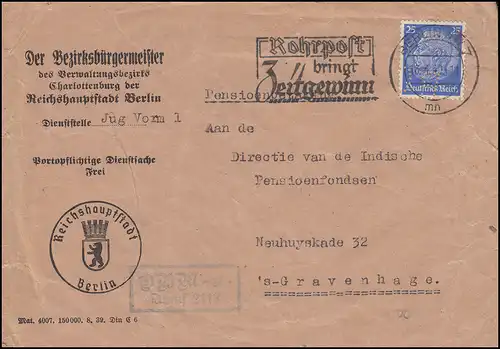 Firmenlochung BC auf Hindenburg 25 Pf als EF Brief BERLIN 18.4.40 nach Holland