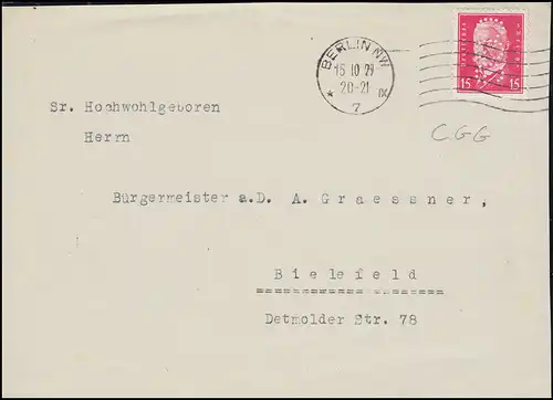Firmenlochung CGG auf Hindenburg 15 Pf auf Briefvorderseite BERLIN 15.10.29