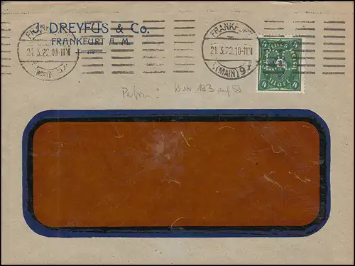 Firmenlochung DC auf Posthorn 4 Mark auf Fensterbrief FRANKFURT/MAIN 21.3.22