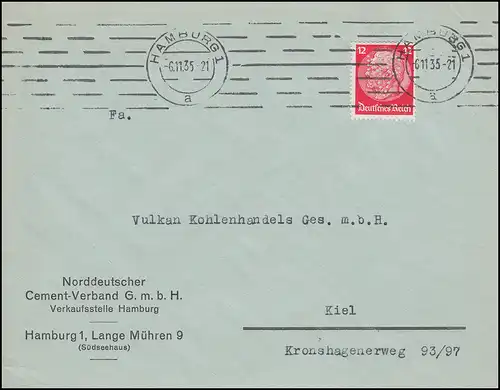 Firmenlochung NCV auf Hindenburg 12 Pf als EF Brief HAMBURG 6.11.35 nach Kiel