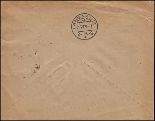 Firmenlochung SES auf Reichsadler 20 Pf als MeF auf Auslandsbrief BERLIN 29.7.24