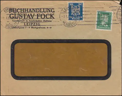 Firmenlochung BGF auf Adler 20 Pf und Schiller 5 Pf Fensterbrief LEIPZIG 7.1.27